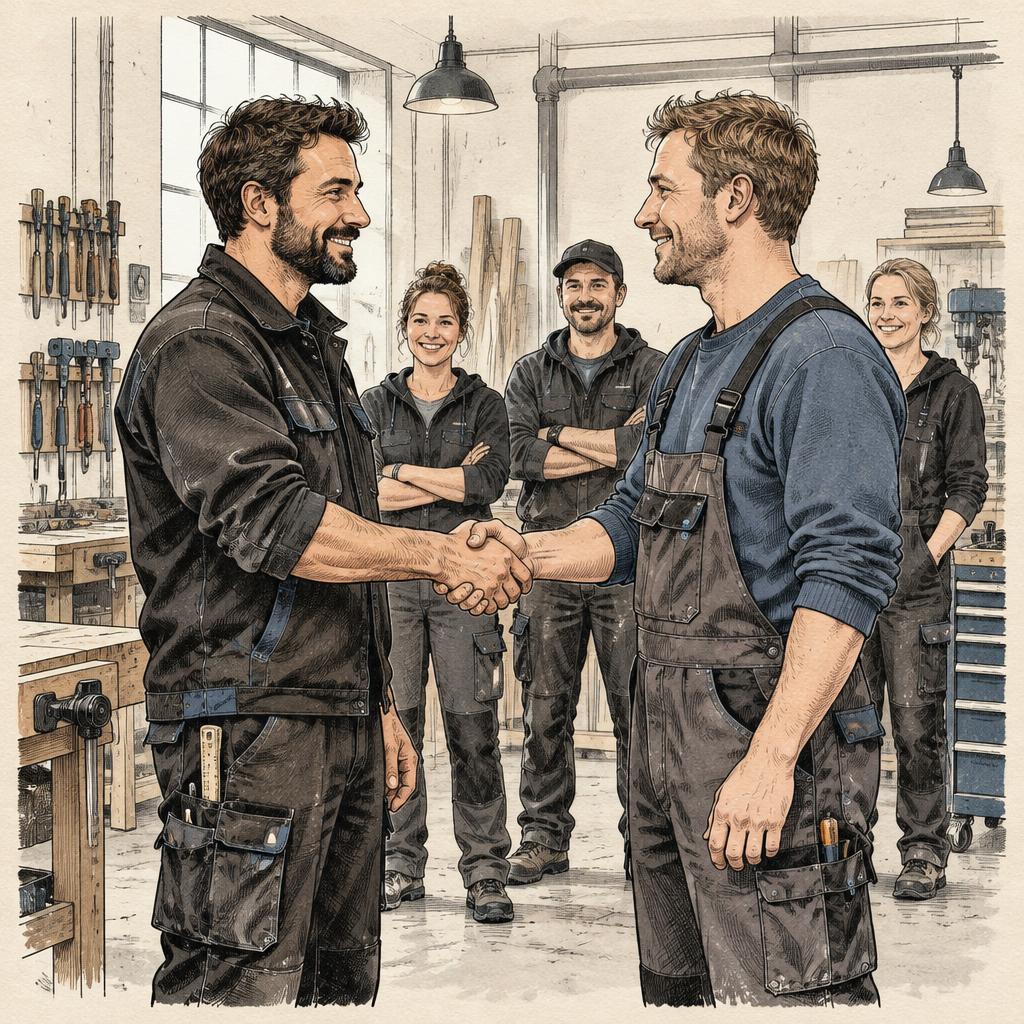 Zwei Handwerker beim Handschlag vor ihrem Team