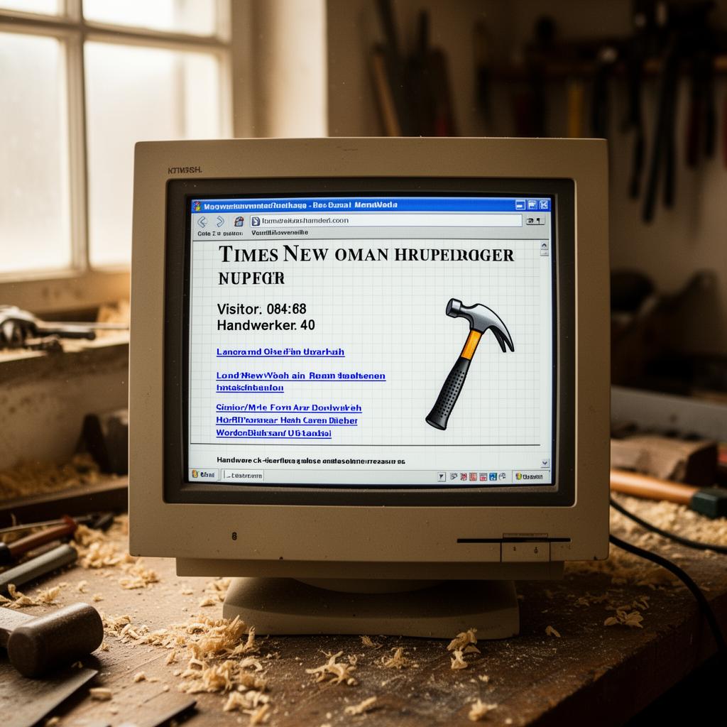 Alter Röhrenmonitor in einer Werkstatt zeigt veraltete, nicht-responsive Handwerker-Website